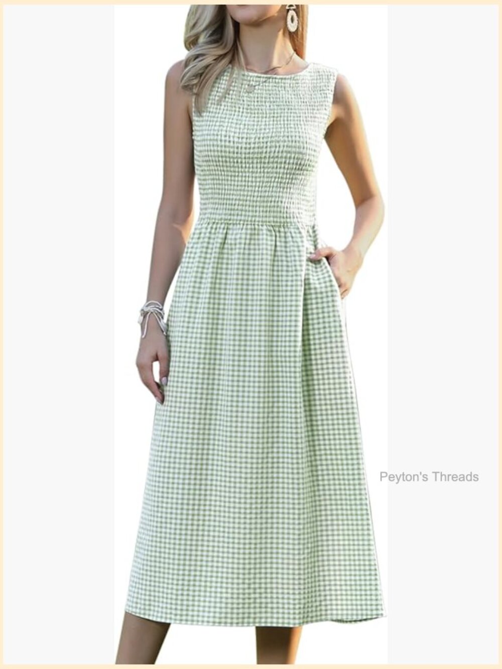 Sleeveless Gingham Smocked Midi Dress with Pockets